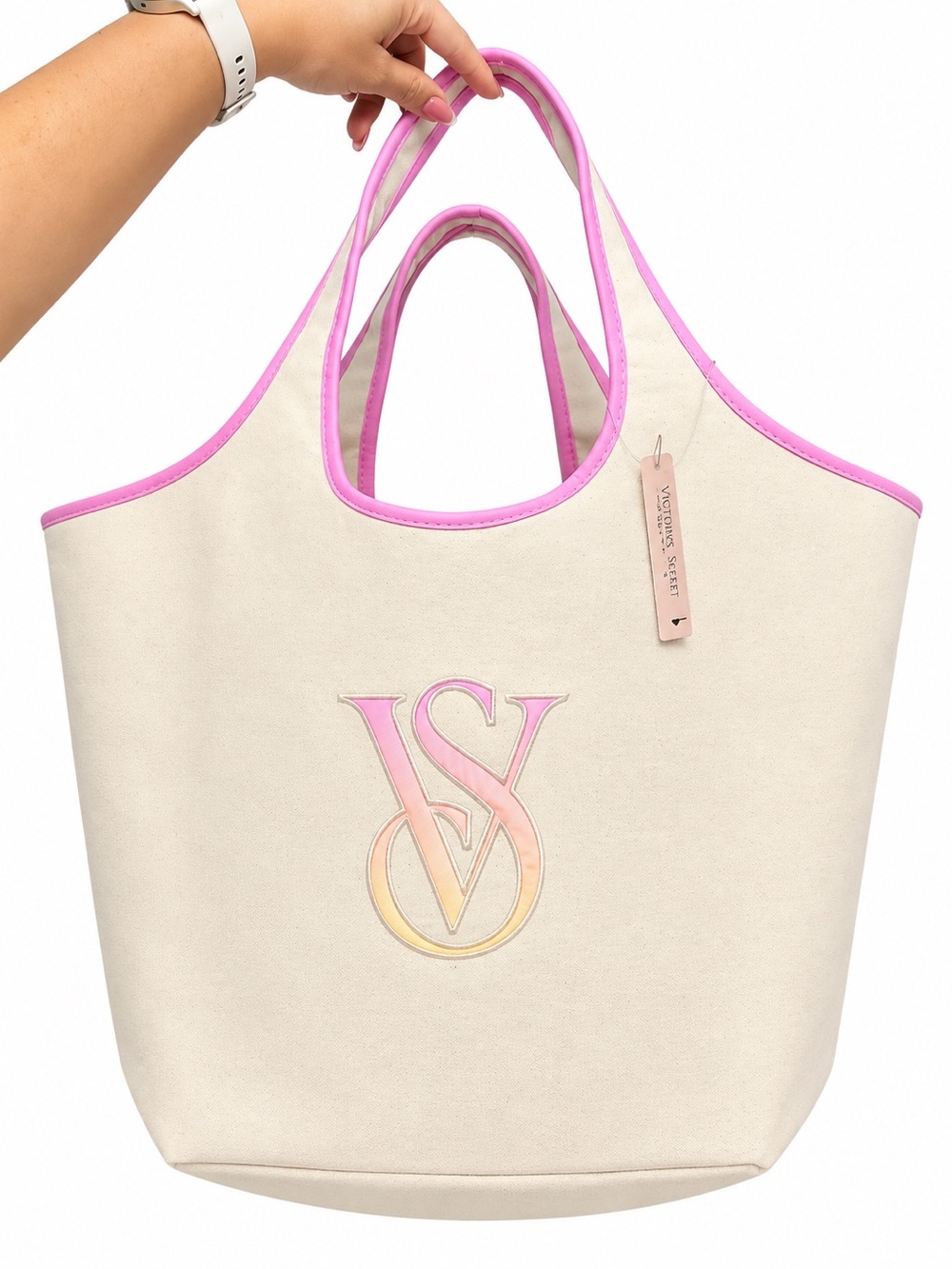 Victoria's Secret Cream Canvas Tote with Pink Trim and Gradient Logo